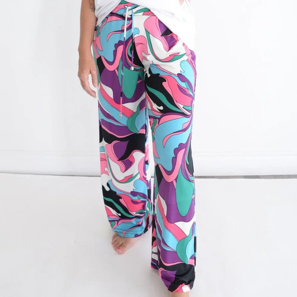 Beach Break Multi Colour  Allover Print Elastic Waist Straight Leg Lounge Pant M - Picture 2 of 10